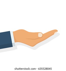 Outstretched hand. Vector illustration flat design. Isolated on white background. Gesture hands palms up to showcase objects. Empty space, template for demonstrations.