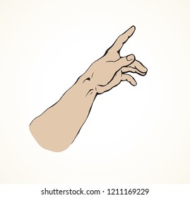 Outstretched handbreadth forearm on white backdrop. Freehand outline black ink drawn want logo pictogram emblem sketchy in retro art doodle cartoon style pen on paper space for text. Closeup side view