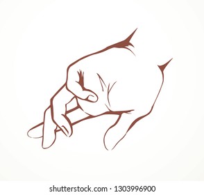 Outstretched handbreadth forearm on white backdrop. Freehand outline black ink drawn want logo pictogram emblem sketchy in retro art doodle cartoon style pen on paper space for text. Closeup view
