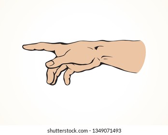 Outstretched handbreadth forearm on white backdrop. Freehand outline black ink drawn want logo pictogram emblem sketchy in retro art doodle cartoon style pen on paper space for text. Closeup side view