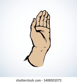 Outstretched handbreadth forearm on white backdrop. Freehand outline black ink drawn want logo pictogram emblem sketchy in retro art doodle cartoon style pen on paper space for text. Closeup side view