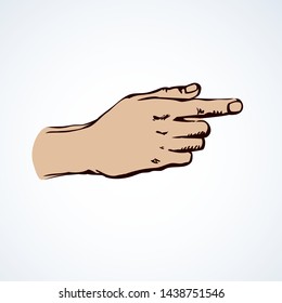 Outstretched handbreadth forearm on white backdrop. Freehand outline black ink drawn want logo pictogram emblem sketchy in retro art doodle cartoon style pen on paper space for text. Closeup side view