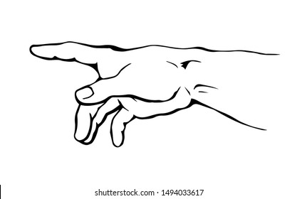 Outstretched handbreadth forearm on white backdrop. Freehand outline black ink drawn want logo pictogram emblem sketchy in retro art doodle cartoon style pen on paper space for text. Closeup side view