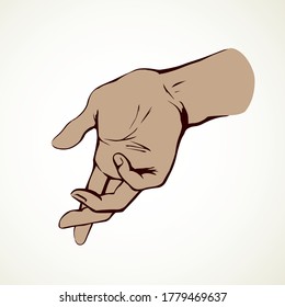 Outstretched handbreadth forearm on white backdrop. Freehand outline black ink drawn want logo pictogram emblem sketchy in retro art doodle cartoon style pen on paper space for text. Closeup side view