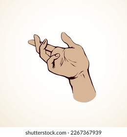 Outstretched handbreadth forearm on white backdrop. Freehand outline black ink drawn want logo pictogram emblem sketchy in retro art doodle cartoon style pen on paper space for text. Closeup side view