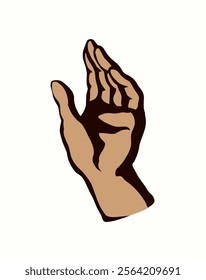 Outstretched handbreadth forearm on white backdrop. Freehand outline black ink drawn want logo pictogram emblem sketchy in retro art doodle cartoon style pen on paper space for text. Closeup side view