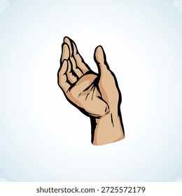 Outstretched handbreadth forearm on white backdrop. Freehand outline black ink drawn want logo pictogram emblem sketchy in retro art doodle cartoon style pen on paper space for text. Closeup side view