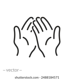 outstretched hands icon, human crossed palms, hand asking for alms, donation or help concept, thin line symbol on white background - editable stroke vector illustration