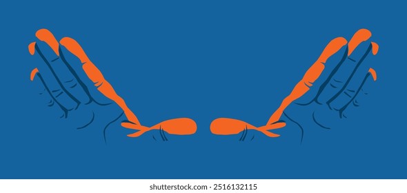 Outstretched hands with palms down, in framing position, with cool and warm colors. Vector illustration with copy space