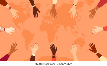 Outstretched hands of women of different nationalities on the background of a world map, copy space. Vector illustration in flat style