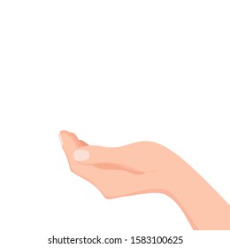 Outstretched  human hand colorful vector illustration.  Cartoon concept of gesture open empty  horizontal palm. Isolated close up template sign for asking, showing, donation, support, help design 