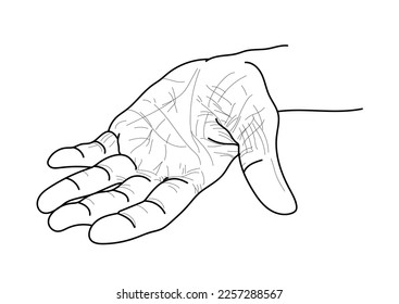 Dando o pidiendo ayuda al hombre al límite. Vieja mano. La tinta de sketch negro pinta con la mano una ilustración vectorial en blanco y negro aislada en fondo blanco.