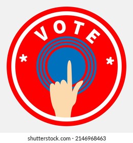 Outstretched index finger presses button on red circle. Blue pressbutton to click by hand. Concentric circles diverge from pressing button. White text VOTE located at  top in arc. Right choice concept