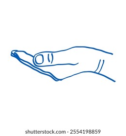 Outstretched open palm. Holding something in his hands. Contour vector gesture sketch illustration