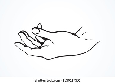 Outstretched young lady forearm on white backdrop. Freehand outline black ink drawn hold logo pictogram emblem sketchy in retro art doodle cartoon style pen on paper space for text. Closeup side view