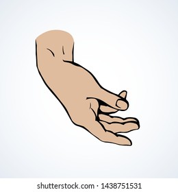 Outstretched young lady forearm on white backdrop. Freehand outline black ink drawn hold logo pictogram emblem sketchy in retro art doodle cartoon style pen on paper space for text. Closeup side view