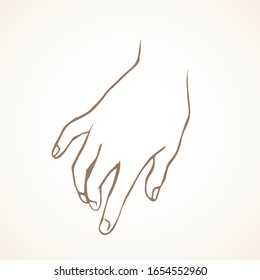 Outstretched young lady forearm on white backdrop. Freehand outline black ink drawn hold logo pictogram emblem sketchy in retro art doodle cartoon style pen on paper space for text. Closeup side view