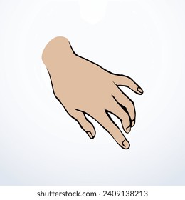 Outstretched young lady forearm on white backdrop. Freehand outline black ink drawn hold logo pictogram emblem sketchy in retro art doodle cartoon style pen on paper space for text. Closeup side view