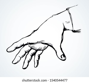 Outstretched young lady palm wrist push on white paper backdrop text space. Outline black ink drawn invisible assistant help hang logo pictogram emblem concept in retro art doodle style. Close up view