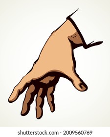 Outstretched young lady palm wrist push on white paper backdrop text space. Outline black ink drawn invisible assistant help hang logo pictogram emblem concept in retro art doodle style. Close up view
