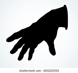 Outstretched young lady palm wrist push on white paper backdrop text space. Dark ink drawn invisible assistant help hang logo pictogram emblem design concept in retro art contour style. Close up view