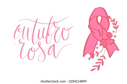 Outubro Rosa - Oktober Rosa in portugiesischer Sprache. Brasilianische Breast Cancer Awareness Kampagne Web-Banner. Handgeschriebener Schriftvektor.