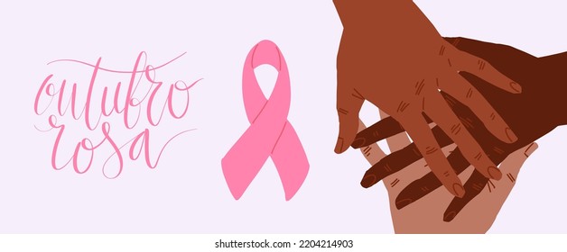 Outubro Rosa - October Pink in portuguese language. Brazil Breast Cancer Awareness campaign web banner. Handwritten lettering vector.