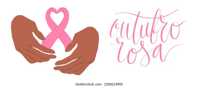 Outubro Rosa - Oktober Rosa in portugiesischer Sprache. Brasilianische Breast Cancer Awareness Kampagne Web-Banner. Handgeschriebener Schriftvektor.