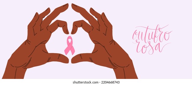 Outubro Rosa - Octubre Rosa en portugués. Banner web de la campaña de sensibilización sobre el cáncer de mama en Brasil. Vector de letras manuscritas.