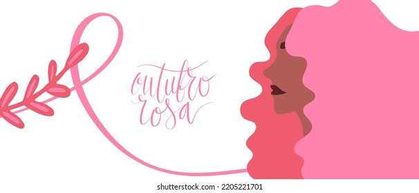 Outubro Rosa - October Pink in portuguese language. Brazil Breast Cancer Awareness campaign web banner. Handwritten lettering vector.