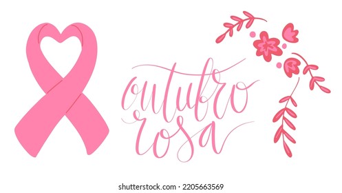 Outubro Rosa - Oktober Rosa in portugiesischer Sprache. Brasilianische Breast Cancer Awareness Kampagne Web-Banner. Handgeschriebener Schriftvektor.