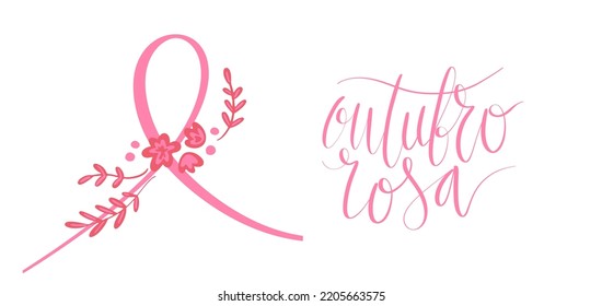 Outubro Rosa - Oktober Rosa in portugiesischer Sprache. Brasilianische Breast Cancer Awareness Kampagne Web-Banner. Handgeschriebener Schriftvektor.