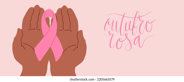 Outubro Rosa - Oktober Rosa in portugiesischer Sprache. Brasilianische Breast Cancer Awareness Kampagne Web-Banner. Handgeschriebener Schriftvektor.