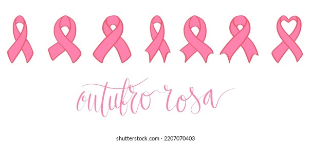 Outubro Rosa - Oktober Rosa in portugiesischer Sprache. Brasilianische Breast Cancer Awareness Kampagne Web-Banner. Handgeschriebener Schriftvektor.