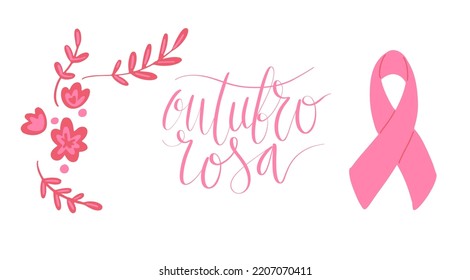 Outubro Rosa - Oktober Rosa in portugiesischer Sprache. Brasilianische Breast Cancer Awareness Kampagne Web-Banner. Handgeschriebener Schriftvektor.