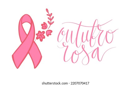 Outubro Rosa - Oktober Rosa in portugiesischer Sprache. Brasilianische Breast Cancer Awareness Kampagne Web-Banner. Handgeschriebener Schriftvektor.