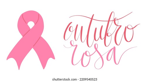 Outubro Rosa - October Pink in portuguese language. Brazil Breast Cancer Awareness campaign web banner. Handwritten lettering vector.