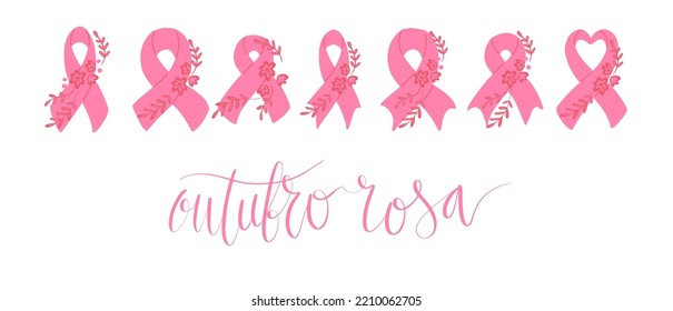 Outubro Rosa - October Pink in portuguese language. Brazil Breast Cancer Awareness campaign web banner. Handwritten lettering vector.