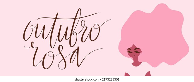 Outubro Rosa - Pink October in Brazilian language. Breast Cancer Awareness campaign web banner. Handwritten lettering art.