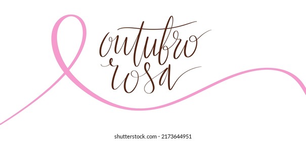 Outubro Rosa - Octubre rosado en lengua brasileña. Banner de la campaña de sensibilización sobre el cáncer de mama. Letras manuscritas.