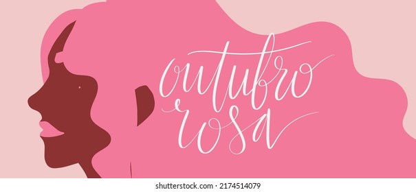 Outubro Rosa - Pink October in Brazilian language. Breast Cancer Awareness campaign web banner. Handwritten lettering art.