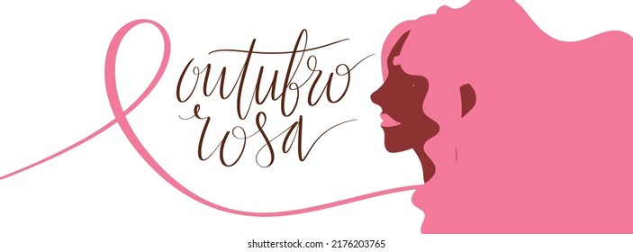 Outubro Rosa - Rosa Oktober in brasilianischer Sprache. Webbanner zur Brustkrebsaufklärung. Handgeschriebene Schrift.