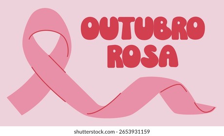 Outubro rosa pink ribbon illustration. Breast cancer awareness portuguese text vector.
