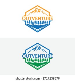 Outventure Mountain, tree, vector illustration. Logo design concept.