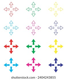 Vector de icono de flecha hacia afuera. Icono de cuatro flechas en estilo plano de moda. Establecer elementos en iconos de color. Icono de vector de flecha hacia afuera sobre fondo blanco
