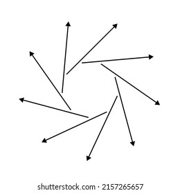 Outward spiral, swirl, twirl arrows, pointers. Rotation, cycle, recycle, contortion and ripple icon, symbol