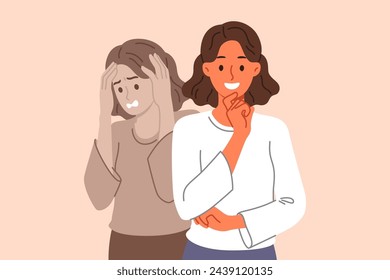 Outwardly happy woman hides bad emotions and smiles, trying not to bother others with problems. Business lady experiencing depressed emotions demonstrates calmness thanks to self-confidence.