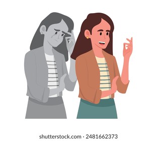 Outwardly happy woman hides bad emotions and smiles, trying not to bother others with problems. Business lady experiencing depressed emotions demonstrates calmness thanks to self-confidence.