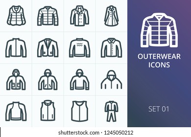 Outwear icons set. Set of down jacket, fur coat, winter coats, sweater, hoodie, jackets, sweatshirt icons
