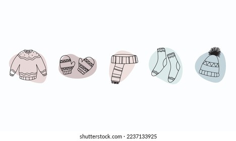 outwear winter clothing items, outlined isolated doodle hand drawn icon set winter clothes, vector illustration collection, scarf hat socks sweater gloves mitten, graphic simple line art warm kids